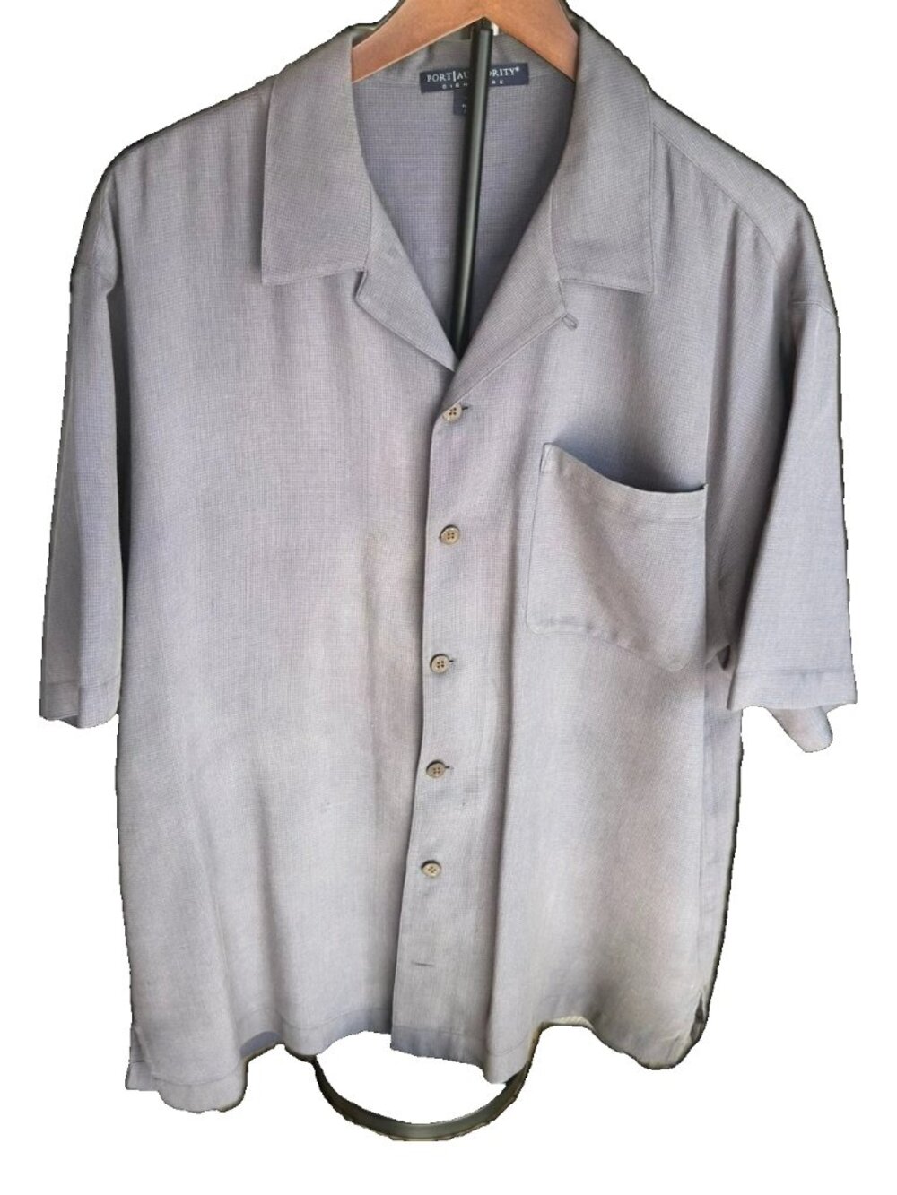 Port Authority Signature Short Sleeve Cotton-Silk Camp Shirt, Gray-Blue Sz L